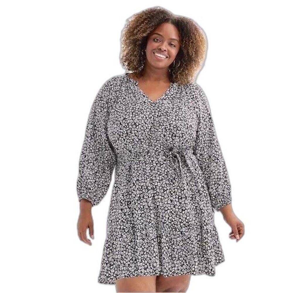 Sonoma Ruffle Hem Dress Split Neck Black White Floral Short Peasant Petite XXL